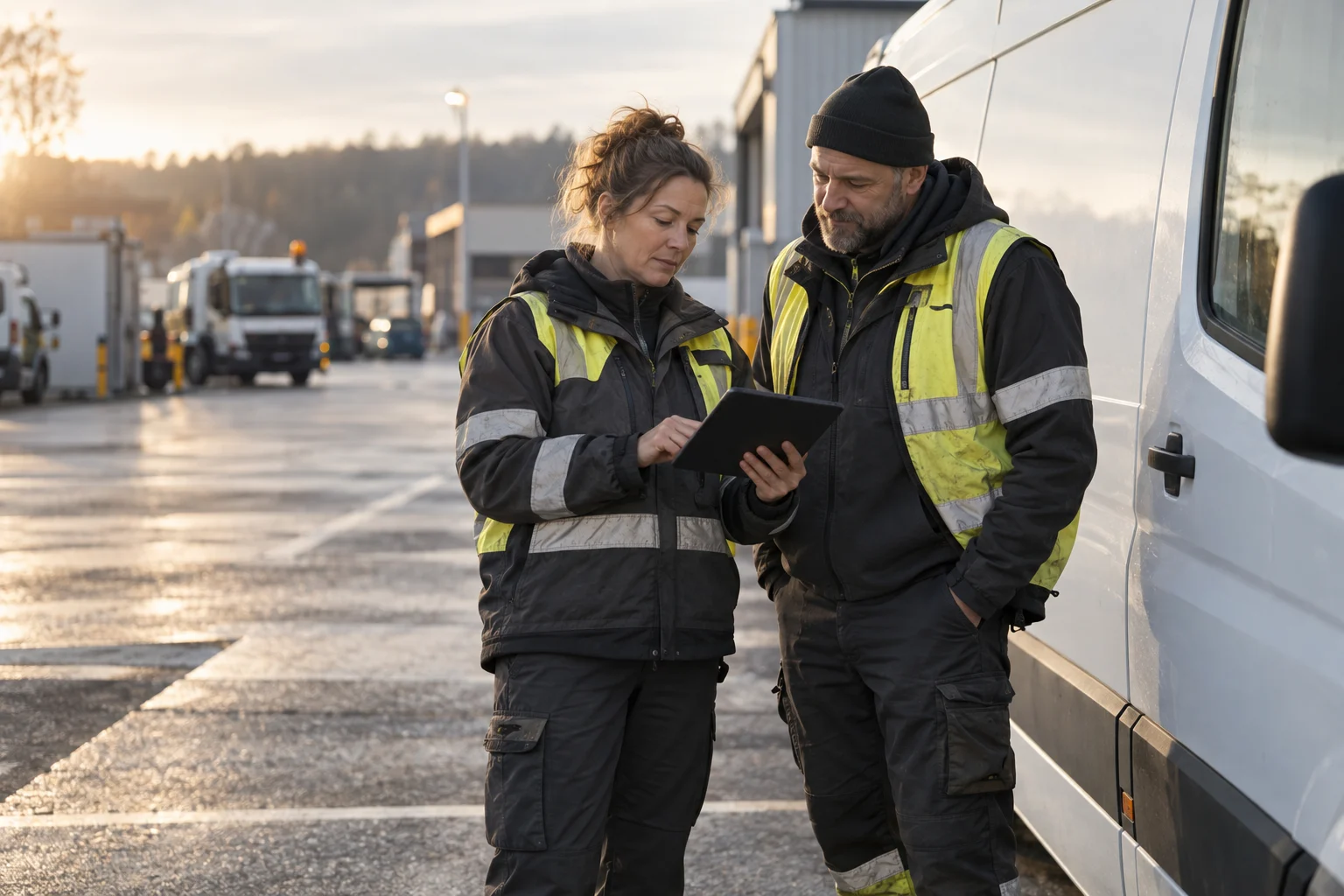 Illustrative concept: fleet colleagues reviewing training beside a stationary service van.