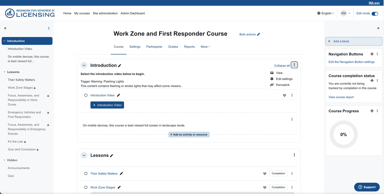 Washington State Department of Licensing course dashboard, showing course activity and completion tracking.