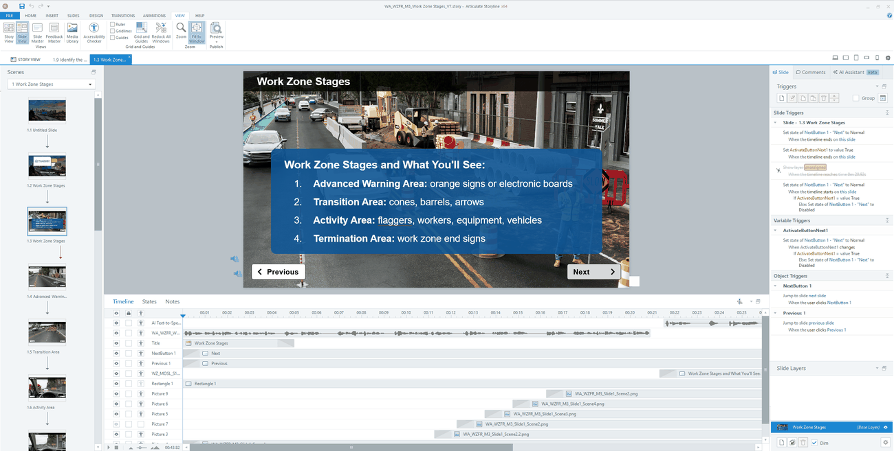The Work Zone Stages module in the course authoring tool, with slide content and an editing timeline.