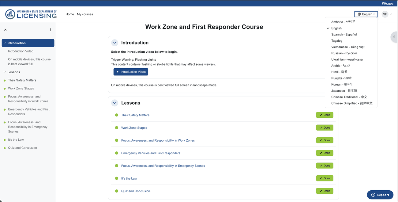 The Work Zone and First Responder Course with its fourteen-language selection menu open.
