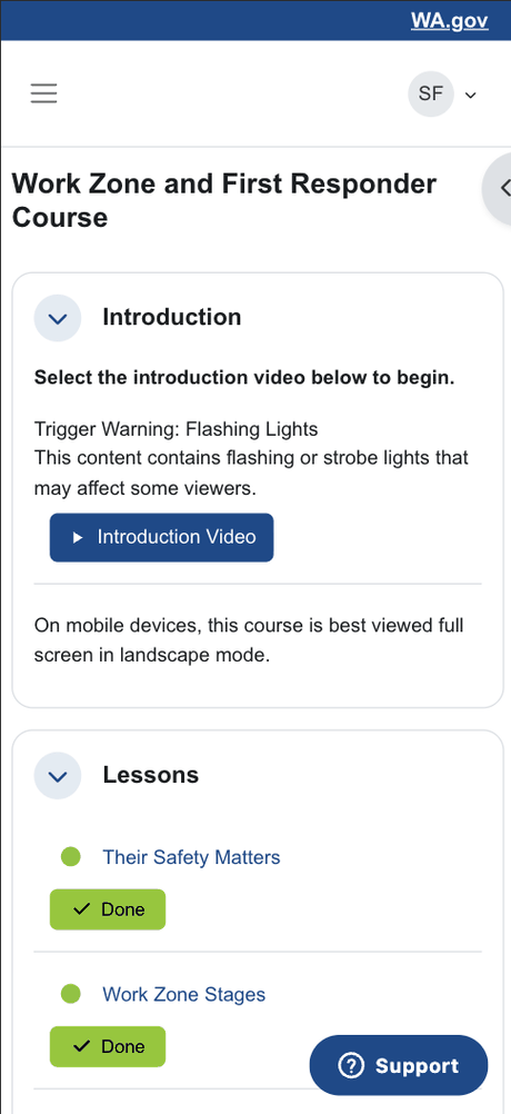Mobile view of the Work Zone and First Responder Course, showing completed lessons and progress.