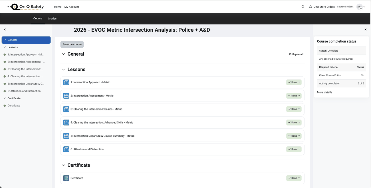 On Q Safety emergency vehicle operations course on desktop, showing six completed lessons and a certificate.